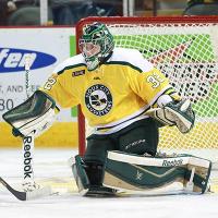 Sioux City Musketeers Goaltender Cam Gornet in the teams Third (Gold) jersey